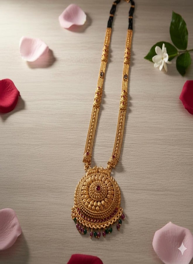 AAIKU Maharashtrian Traditional Gold Plated Black Beads Golden Matt Finishe Patti Style 36 Inch Long Mangalsutra for Women Stylish - Image 4