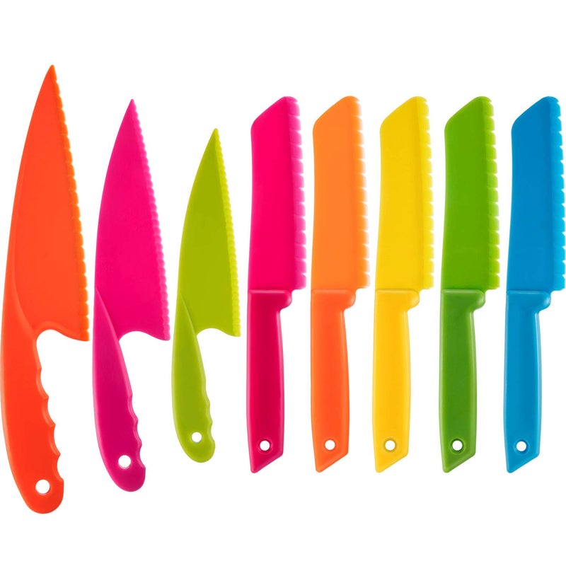 JOVITEC 8 Pcs Kid Cooking Kitchen Knife Set, Plastic Serrated Edges Children's Safe Chef Nylon Knives for Cutting Fruit Bread Cake Salad Lettuce Kids Cooking Supply(Multi Colors Square Knife) - Image 1