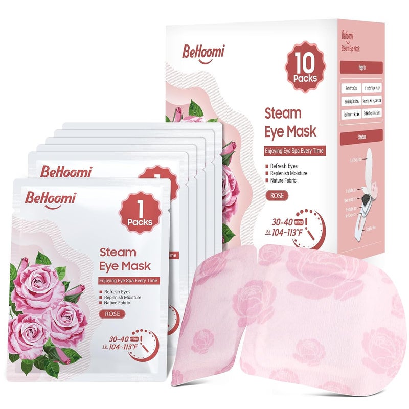 BeHoomi Steam Eye Mask 10 Packs Heated Eye Mask Self Heating Disposable SPA Warm Compress for Eyes Sleep Mask Soothing Moist Heat Eye Masks Travel Essentials  Relaxation Gifts Rose Scent 