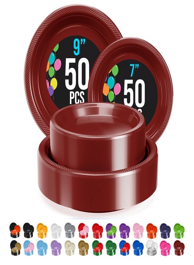 Party Solids Exquisite Party Solids Burgundy Plates Disposable Burgundy Plastic Plates 100 Pieces - 50-7" & 50-9" Heavy Duty 350 GSM Disposable Dinnerware Sets, Plastic Dinnerware Sets - Image 1