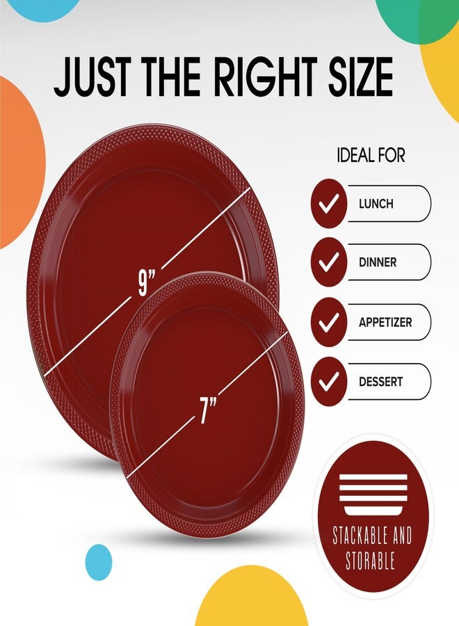 Party Solids Exquisite Party Solids Burgundy Plates Disposable Burgundy Plastic Plates 100 Pieces - 50-7" & 50-9" Heavy Duty 350 GSM Disposable Dinnerware Sets, Plastic Dinnerware Sets - Image 3