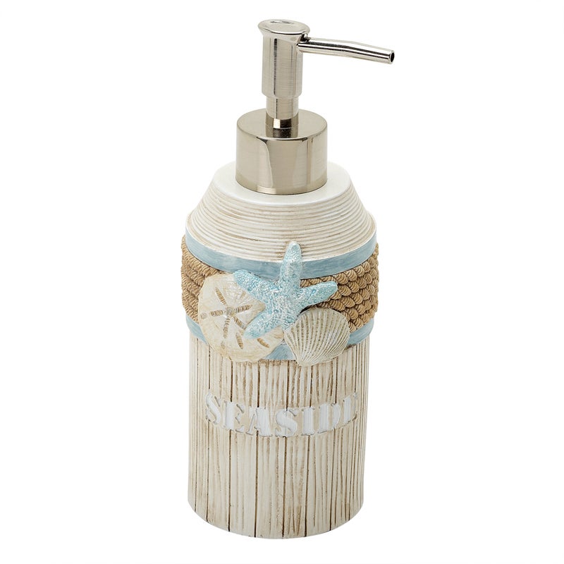 Zenna Home Zenna Home Seaside Serenity Bathroom Soap Dispenser with Carved Resin Design Lotion Dispenser with Pump for Bathroom Decor with HandPainted Shells TealIvory 