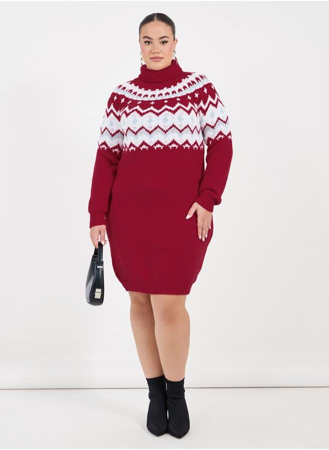 Styli Plus Size Geometric Pattern Knit Sweater Knee Length Dress  - Image 4
