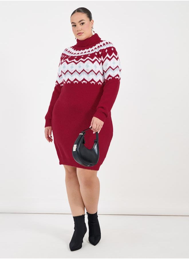 Styli Plus Size Geometric Pattern Knit Sweater Knee Length Dress  - Image 1