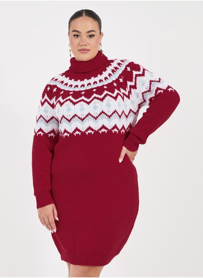 Styli Plus Size Geometric Pattern Knit Sweater Knee Length Dress  - Image 2