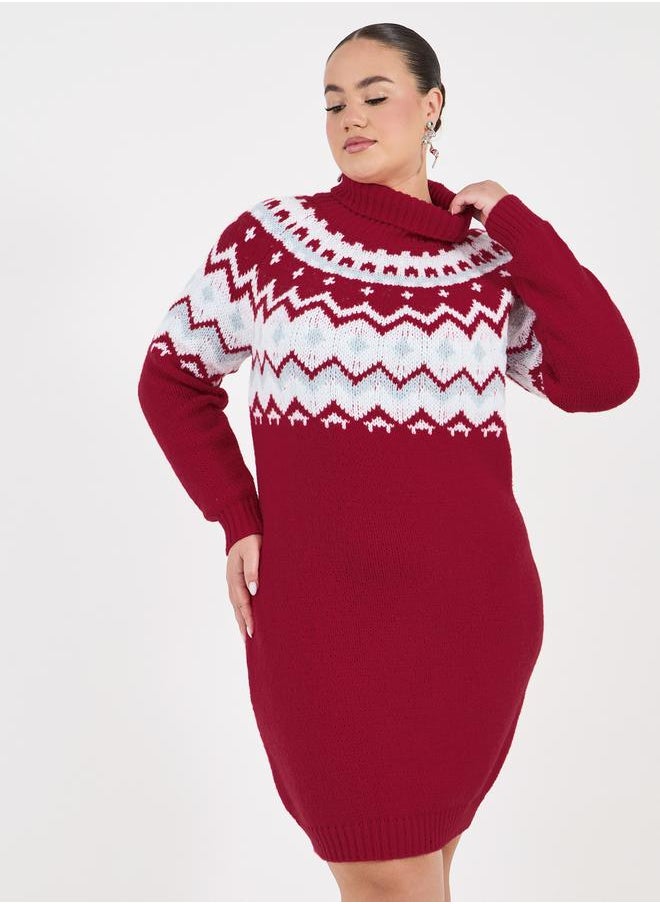Styli Plus Size Geometric Pattern Knit Sweater Knee Length Dress  - Image 5