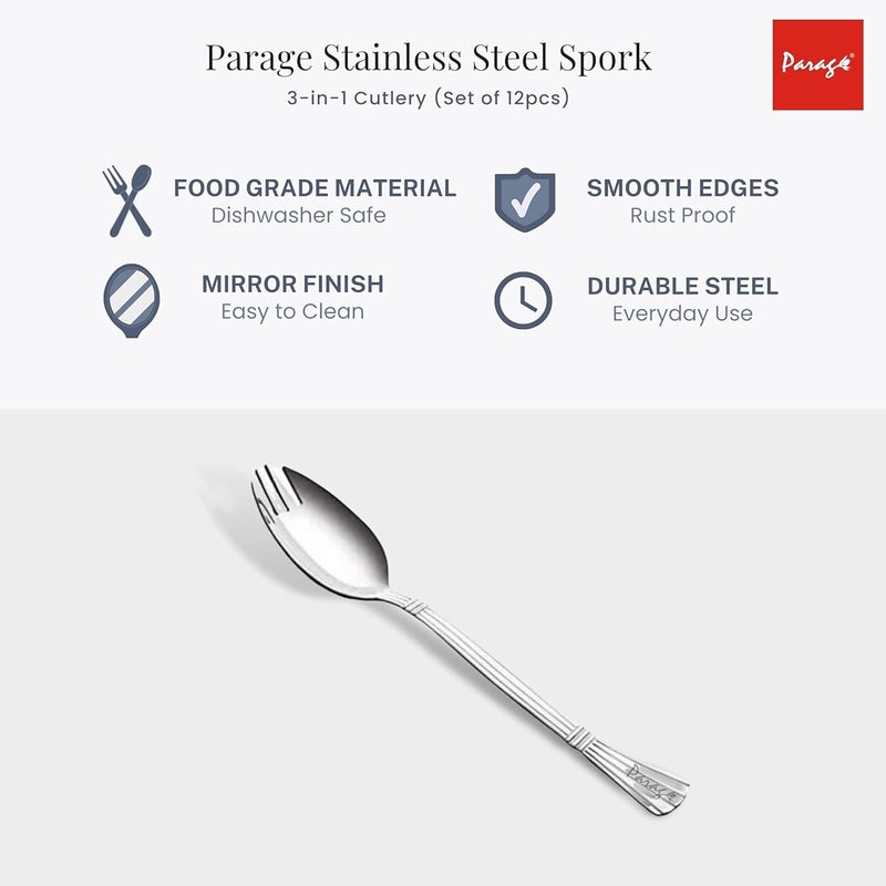 Parage 3in1 Stainless Steel 6 Pieces Spoon Fork Set Spoon Cum Fork Set Spork for Soups Noodles Set of 6 Length 16 cm Silver - Image 4