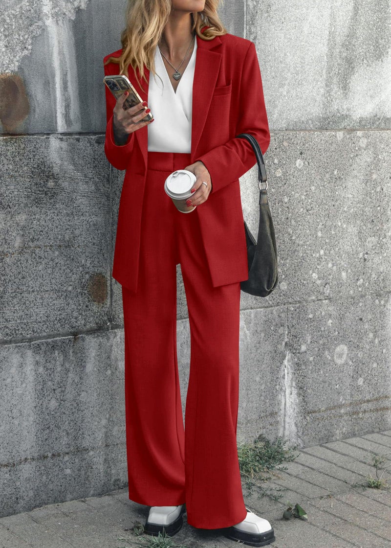 KIRUNDO Women Suits 2 Piece Set Business Casual Dressy Oversized Blazer Jacket and Wide Leg Dress Pantsuits Formal Outfits(Red, X-Large) - Image 2