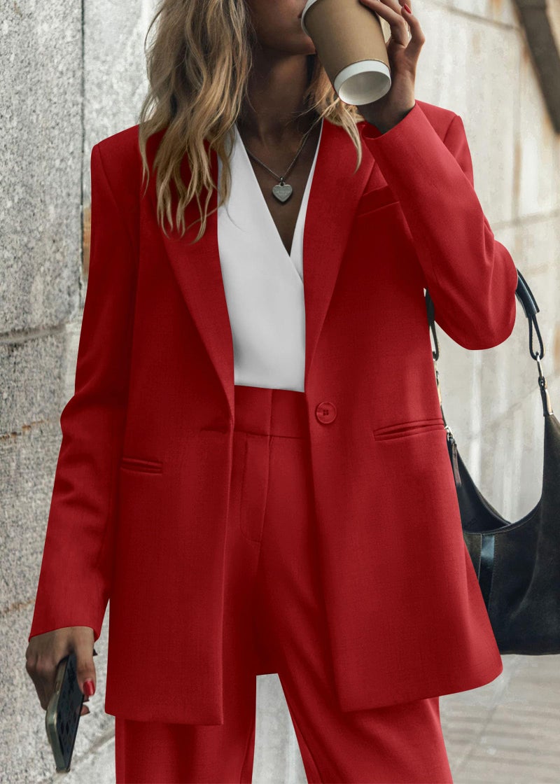 KIRUNDO Women Suits 2 Piece Set Business Casual Dressy Oversized Blazer Jacket and Wide Leg Dress Pantsuits Formal Outfits(Red, X-Large) - Image 4