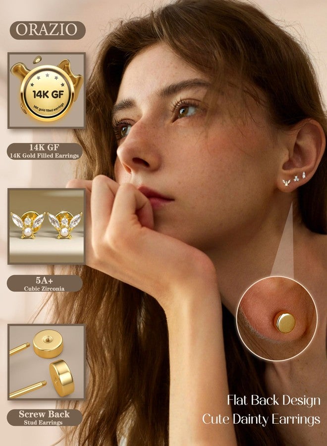 ORAZIO Gold Flat Back Stud Earrings for Women Men Sterling Silver Post Hypoallergenic Screw Back Earrings 14K Gold Cartilage Conch Helix Tragus Piercing Jewelry Dainty CZ Opal Earring Set 3 Pairs 20G - Image 2