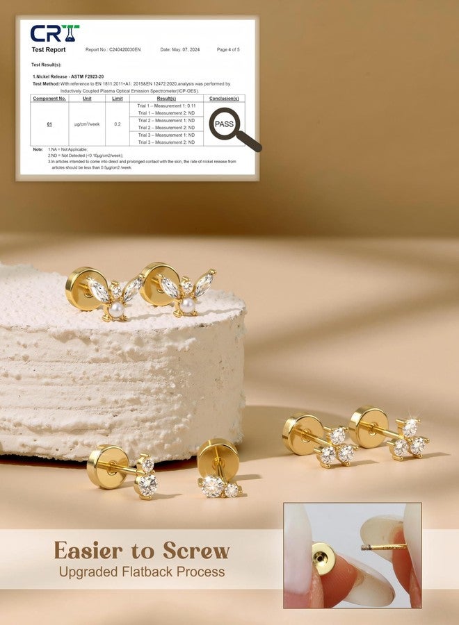 ORAZIO Gold Flat Back Stud Earrings for Women Men Sterling Silver Post Hypoallergenic Screw Back Earrings 14K Gold Cartilage Conch Helix Tragus Piercing Jewelry Dainty CZ Opal Earring Set 3 Pairs 20G - Image 3