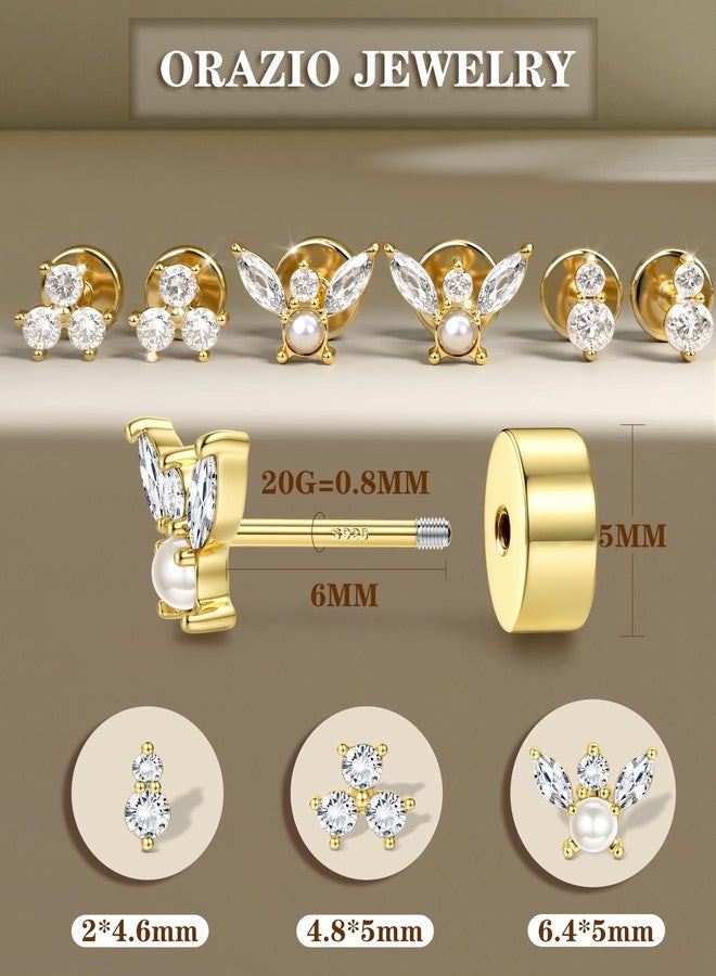 ORAZIO Gold Flat Back Stud Earrings for Women Men Sterling Silver Post Hypoallergenic Screw Back Earrings 14K Gold Cartilage Conch Helix Tragus Piercing Jewelry Dainty CZ Opal Earring Set 3 Pairs 20G - Image 5