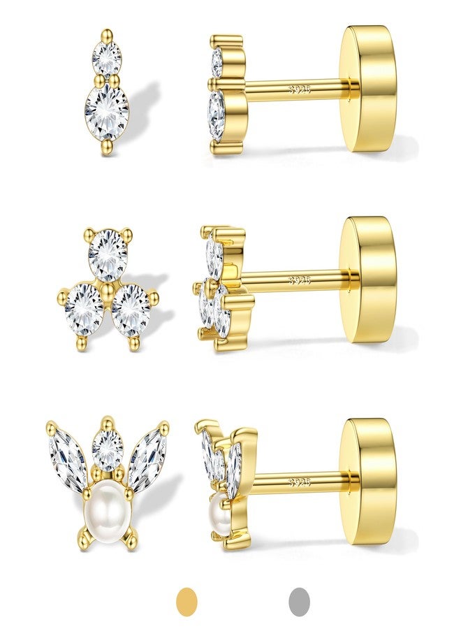 ORAZIO Gold Flat Back Stud Earrings for Women Men Sterling Silver Post Hypoallergenic Screw Back Earrings 14K Gold Cartilage Conch Helix Tragus Piercing Jewelry Dainty CZ Opal Earring Set 3 Pairs 20G - Image 1