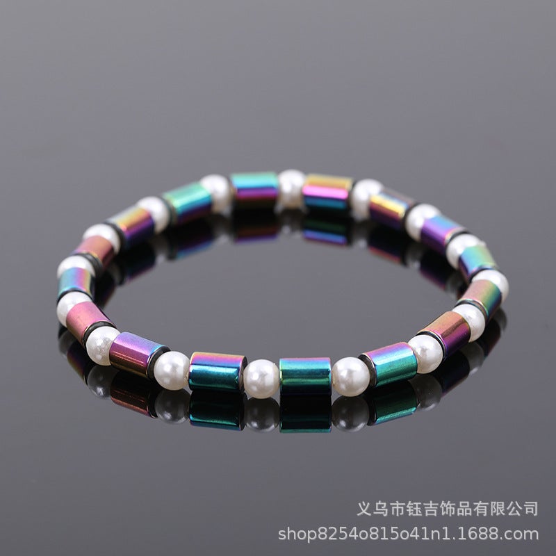 Cross-border new European and American fashion AB color black stone anklet elastic handmade beaded streamer anklet manufacturers direct supply Colorful White Pearl