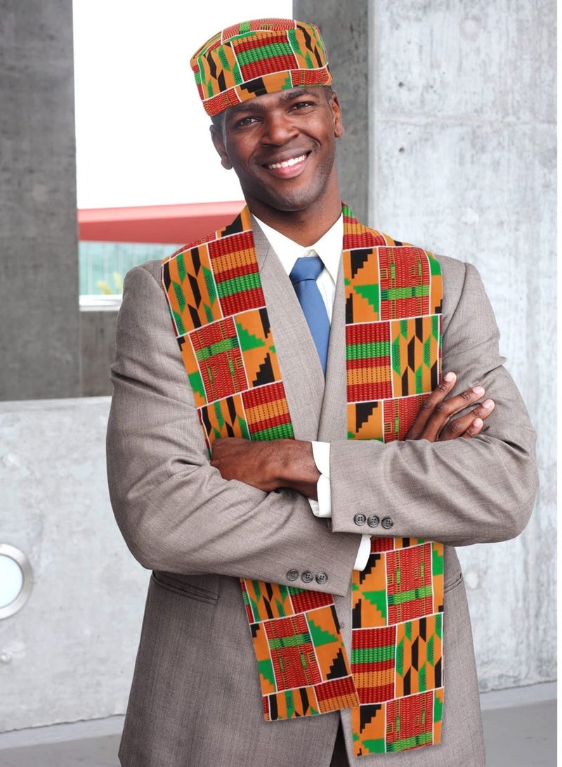 Zikra 2 Pcs African Kente Pattern Kufi Hat Kente Kufi Hat Men Hat and Kente African Print Stole Sash for Black African History Men Women Kids - Image 3