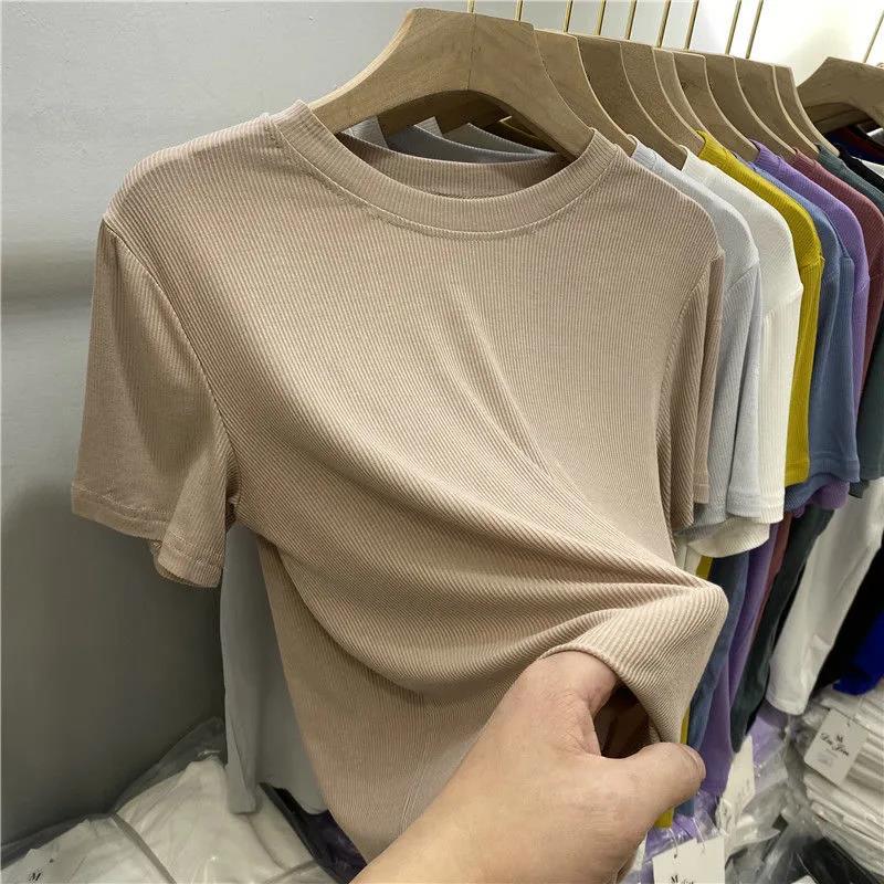 Luxury Solid Color Mask T-Shirt Slim Fit Summer Tee for Women Khaki