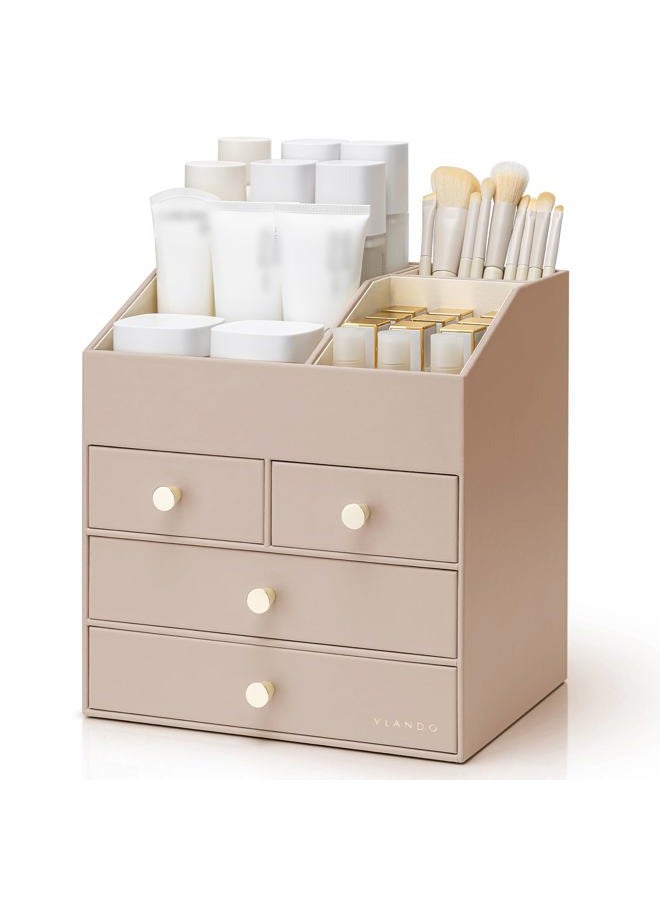 Vlando Makeup Organizer Countertop,Large Vanity Organizer PU Leather Make up Storage with 4 Drawers Skin care Organizer Cosmetic Display Case for Lipstick,Brushes,Bedroom-Toffee - Image 1