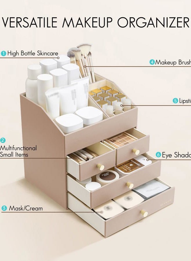 Vlando Makeup Organizer Countertop,Large Vanity Organizer PU Leather Make up Storage with 4 Drawers Skin care Organizer Cosmetic Display Case for Lipstick,Brushes,Bedroom-Toffee - Image 4