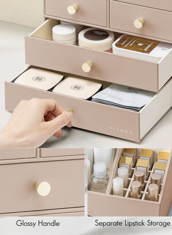Vlando Makeup Organizer Countertop,Large Vanity Organizer PU Leather Make up Storage with 4 Drawers Skin care Organizer Cosmetic Display Case for Lipstick,Brushes,Bedroom-Toffee - Image 5