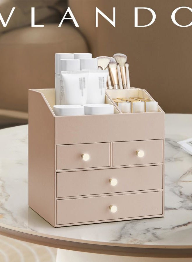Vlando Makeup Organizer Countertop,Large Vanity Organizer PU Leather Make up Storage with 4 Drawers Skin care Organizer Cosmetic Display Case for Lipstick,Brushes,Bedroom-Toffee - Image 2