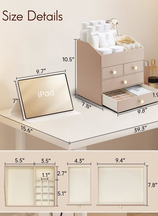 Vlando Makeup Organizer Countertop,Large Vanity Organizer PU Leather Make up Storage with 4 Drawers Skin care Organizer Cosmetic Display Case for Lipstick,Brushes,Bedroom-Toffee - Image 3