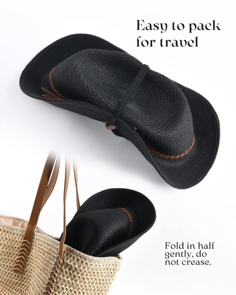 FURTALK Sun Hats for Women Summer Wide Brim UV UPF 80+ Panama Fedora Foldable Packable Straw Beach Hat Black - Image 2