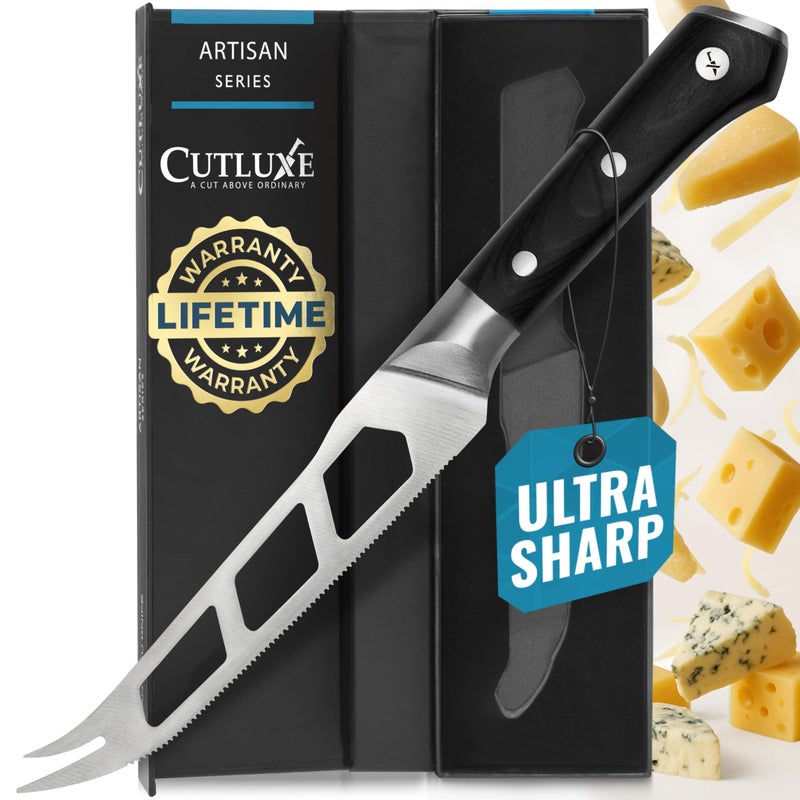 Cutluxe Cheese Knife â€“ 5" Cheese Knife Slicer for Soft and Hard Cheese â€“ Pronged, Serrated & Non Stick Blade â€“ High Carbon German Steel, Full Tang & Ergonomic Handle Design â€“ Artisan Series - Image 1
