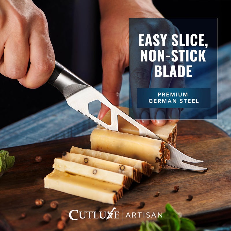 Cutluxe Cheese Knife â€“ 5" Cheese Knife Slicer for Soft and Hard Cheese â€“ Pronged, Serrated & Non Stick Blade â€“ High Carbon German Steel, Full Tang & Ergonomic Handle Design â€“ Artisan Series - Image 4