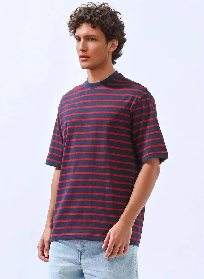 HIGH STAR Men's Multicolour 100% Cotton Striped Relaxed T-Shirt
