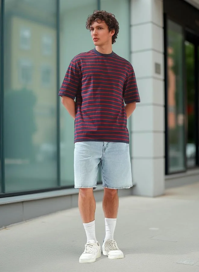 HIGH STAR Men's Multicolour 100% Cotton Striped Relaxed T-Shirt