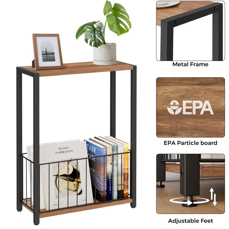Homleke Narrow Side Table with Magazine Holder, Skinny End Table Perfect for Small Spaces, Space-Saving Design for Living Room, Bedroom, or Office, 7.1" D x 16.9" W x 23.6" H, Rustic Walnut - Image 5