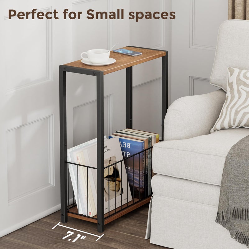 Homleke Narrow Side Table with Magazine Holder, Skinny End Table Perfect for Small Spaces, Space-Saving Design for Living Room, Bedroom, or Office, 7.1" D x 16.9" W x 23.6" H, Rustic Walnut - Image 4