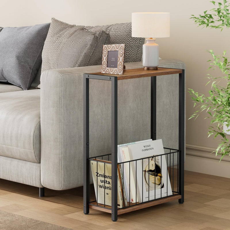 Homleke Narrow Side Table with Magazine Holder, Skinny End Table Perfect for Small Spaces, Space-Saving Design for Living Room, Bedroom, or Office, 7.1" D x 16.9" W x 23.6" H, Rustic Walnut - Image 2