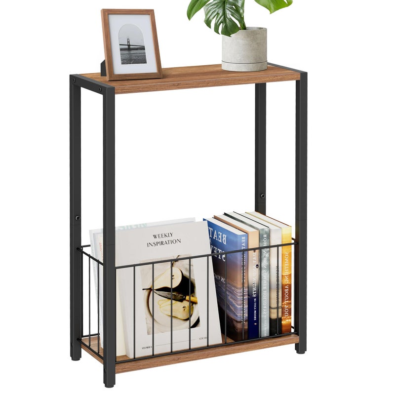 Homleke Narrow Side Table with Magazine Holder, Skinny End Table Perfect for Small Spaces, Space-Saving Design for Living Room, Bedroom, or Office, 7.1" D x 16.9" W x 23.6" H, Rustic Walnut - Image 1