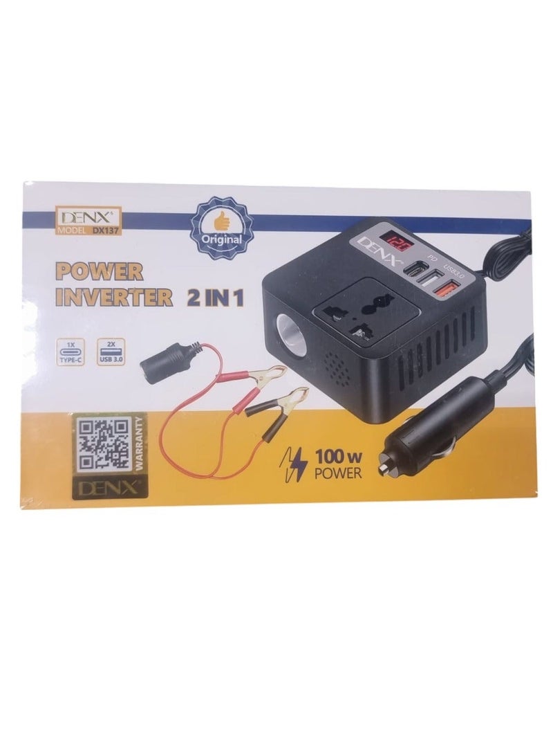 Denx Car Power Inverter 2 in 1 100 Watt With Type C And Usb Port