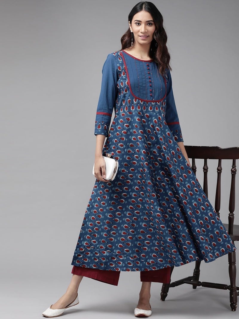 Yash Gallery ياش جاليري أناركالي كورتا قطنية مطبوعة بنقشة زهرية للنساء بمقاس عادي (1330YKBLUE_Blue_Small) - Image 5
