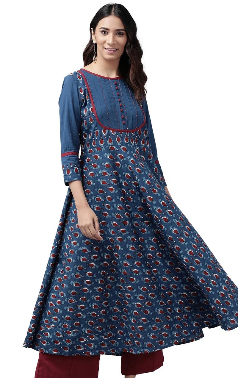 Yash Gallery ياش جاليري أناركالي كورتا قطنية مطبوعة بنقشة زهرية للنساء بمقاس عادي (1330YKBLUE_Blue_Small) - Image 1