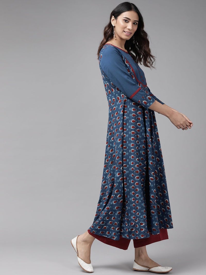 Yash Gallery ياش جاليري أناركالي كورتا قطنية مطبوعة بنقشة زهرية للنساء بمقاس عادي (1330YKBLUE_Blue_Small) - Image 3