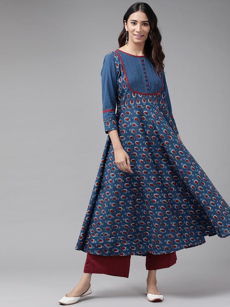 Yash Gallery ياش جاليري أناركالي كورتا قطنية مطبوعة بنقشة زهرية للنساء بمقاس عادي (1330YKBLUE_Blue_Small) - Image 2