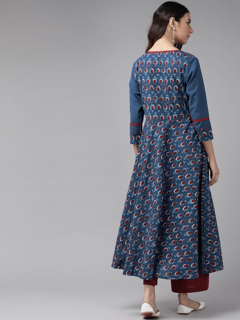 Yash Gallery ياش جاليري أناركالي كورتا قطنية مطبوعة بنقشة زهرية للنساء بمقاس عادي (1330YKBLUE_Blue_Small) - Image 4