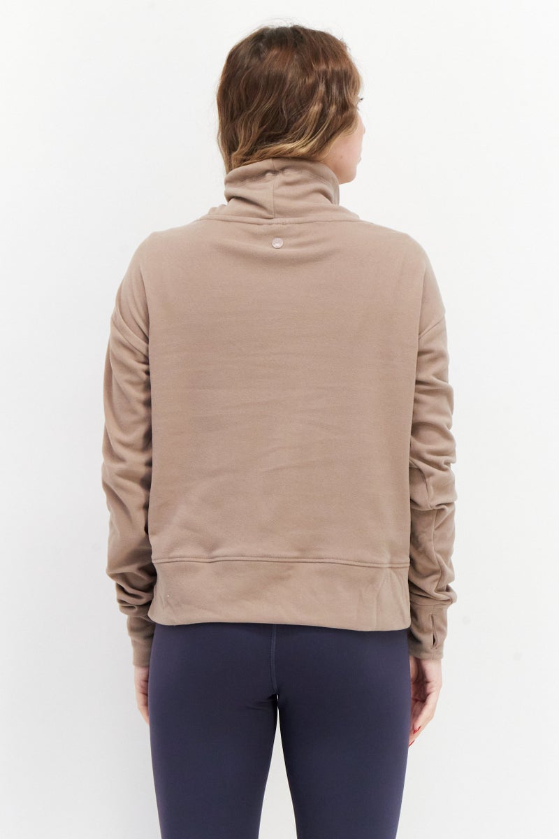 Bearpaw Women Funnel Neckline Plain Sweatshirt, Taupe - Image 2