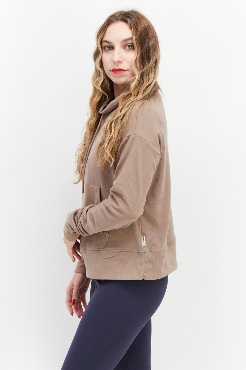 Bearpaw Women Funnel Neckline Plain Sweatshirt, Taupe - Image 3