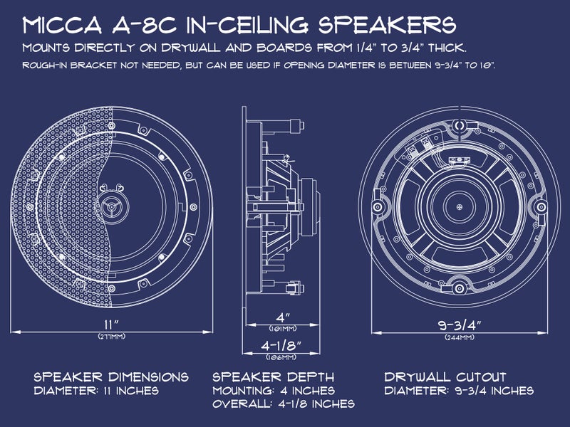 Micca 8" 2-Way in Ceiling or Wall Round Speakers, 4 Pack, 8 Inch Woofer, 9.75" Cutout Diameter, Low Profile Rimless Design, for Indoor Rooms or Covered Outdoor Porches, White, Paintable - Image 3