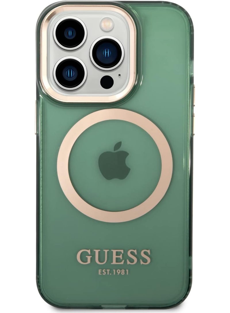 CG Mobile Guess Compatible With Magsafe Case With Translucent Gold Outline, Latest Shiny Design, Anti Scratch, Damage Resistant, Compatible With iPhone 14 Pro Max (Kaki)