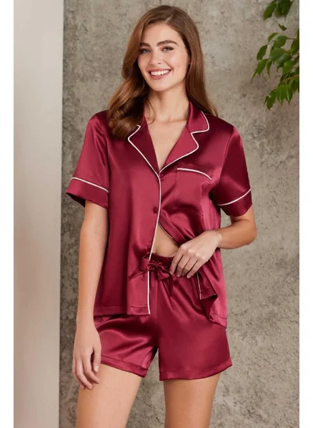 بيير كاردان 1205 Women's Satin Front Buttoned Pajama Set with Shorts - Claret Red