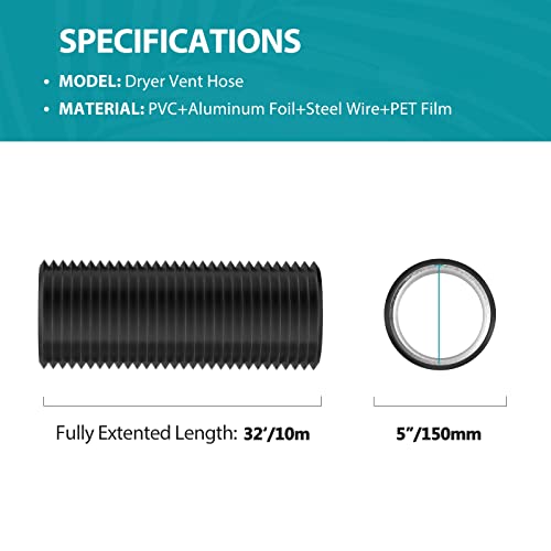 HG Power 5 Inch Air Ducting, 32 Feet Flexible Aluminum Dryer Vent Hose, Three Layer Protection Dryer Hose with 2 Clamps for HVAC Ventilation Heating Cooling Exhaust - Image 2