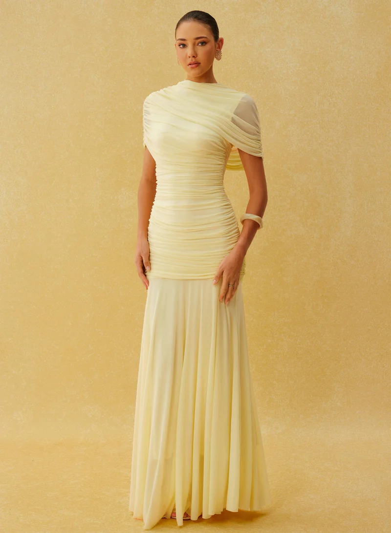 Sunfere Catching Light Yellow Draped Cape Ruched Maxi Dress