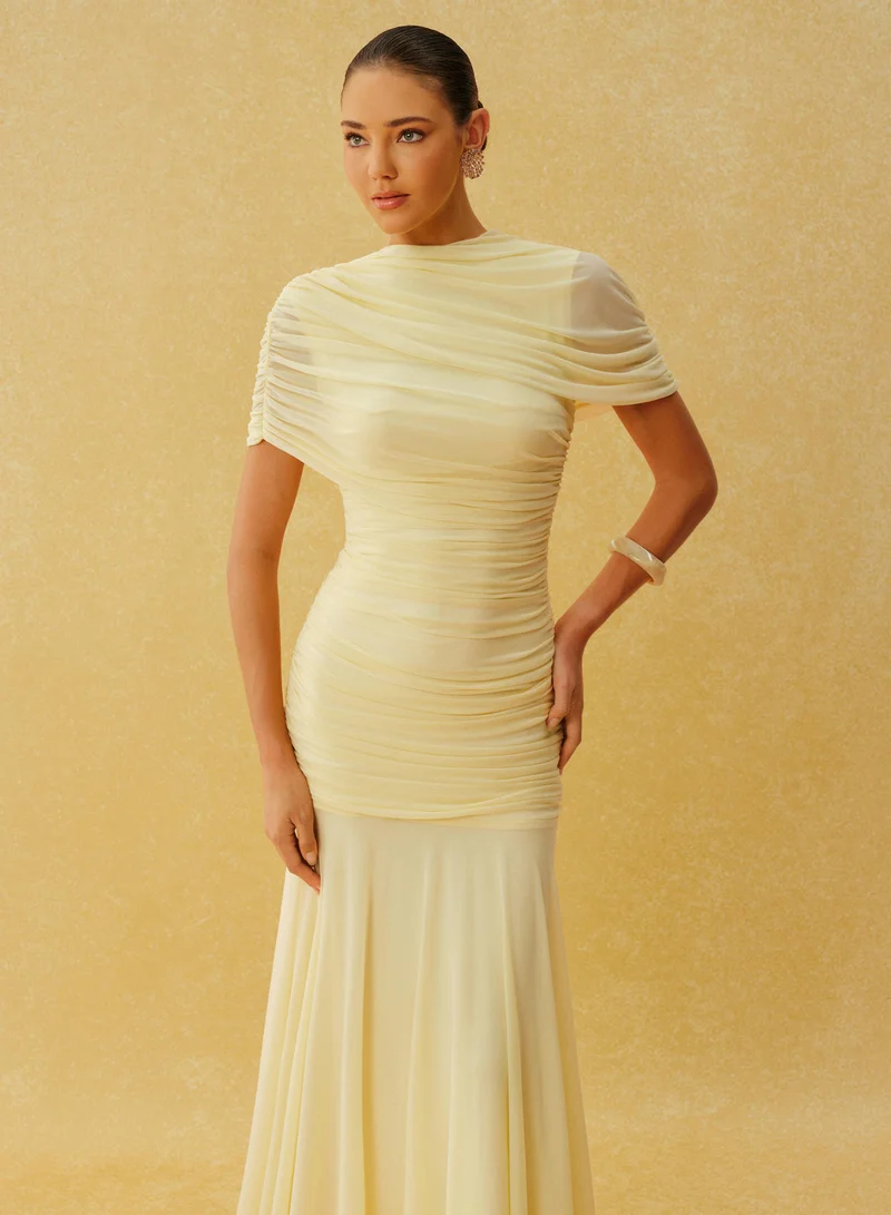 Sunfere  Catching Light Yellow Draped Cape Ruched Maxi Dress for Women | Best Price UAE