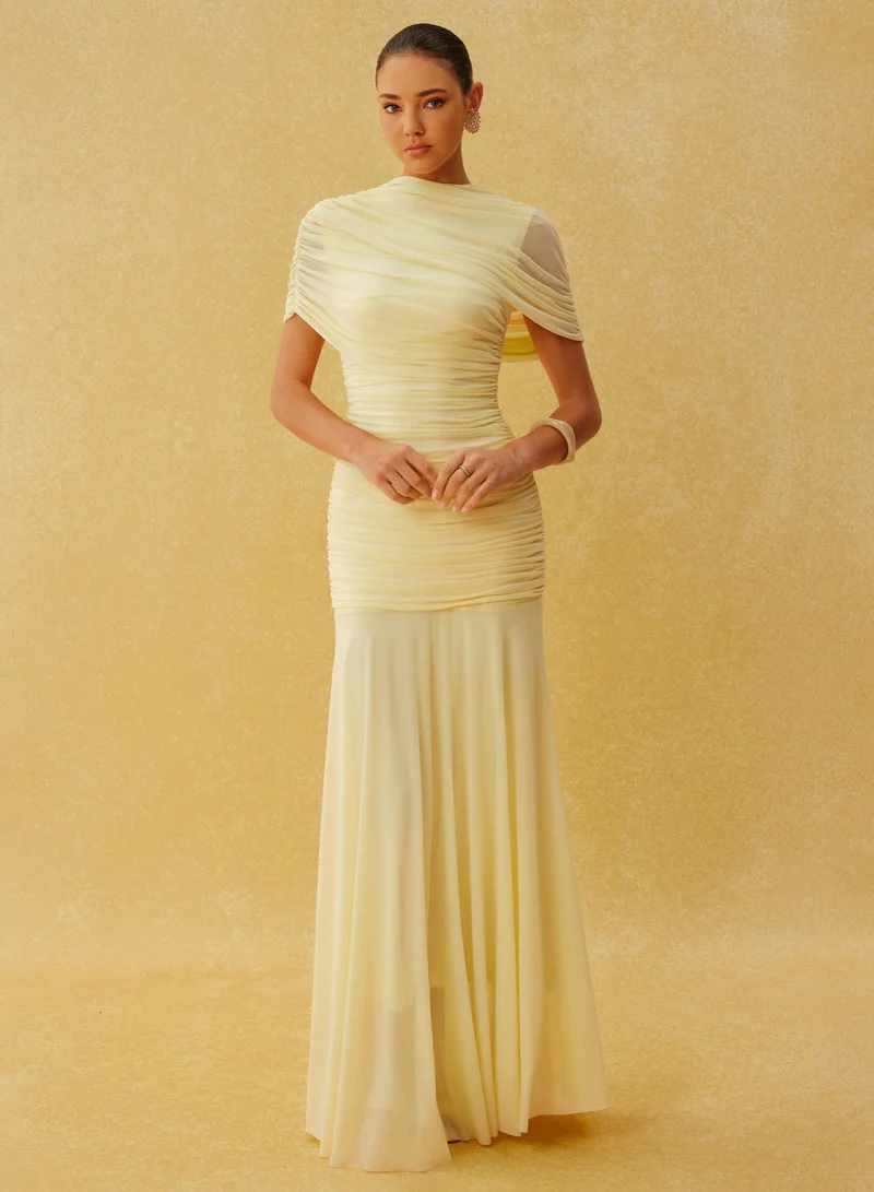 Sunfere Catching Light Yellow Draped Cape Ruched Maxi Dress