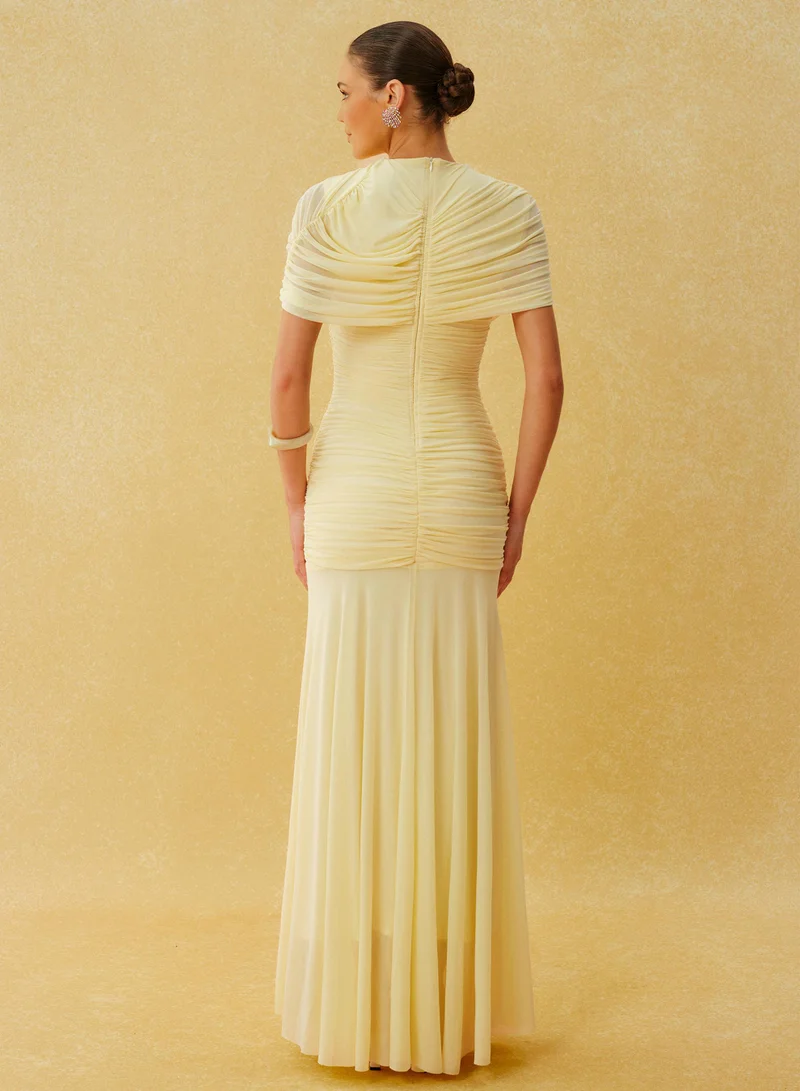 Sunfere  Catching Light Yellow Draped Cape Ruched Maxi Dress for Women | Best Price UAE